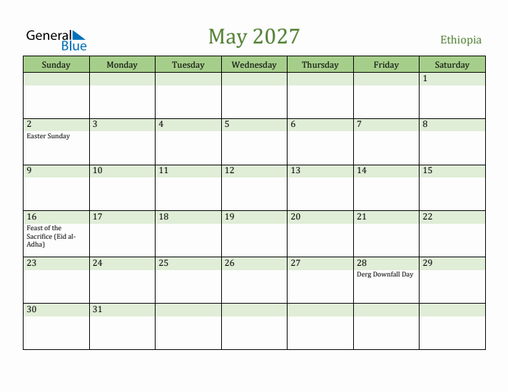 May 2027 Calendar with Ethiopia Holidays