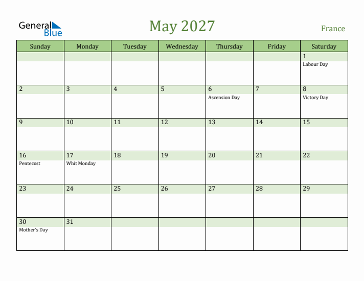 May 2027 Calendar with France Holidays