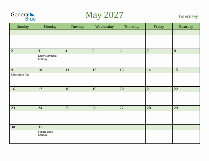 May 2027 Calendar with Guernsey Holidays