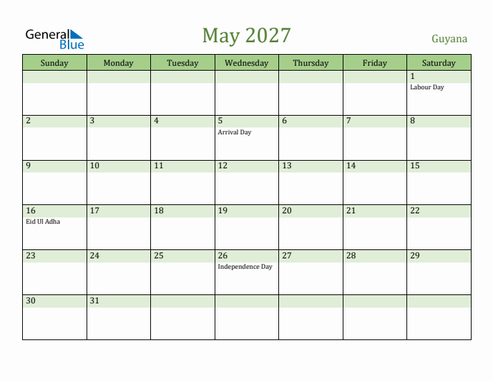 May 2027 Calendar with Guyana Holidays