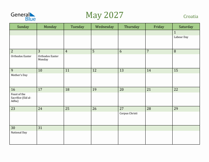 May 2027 Calendar with Croatia Holidays