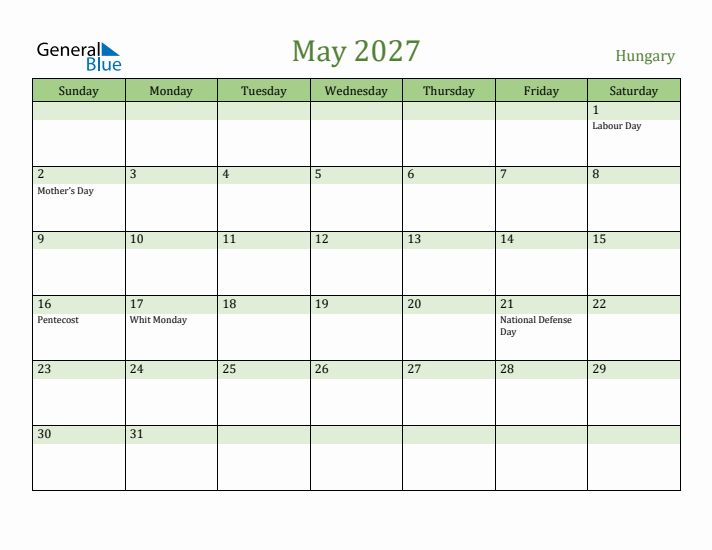 May 2027 Calendar with Hungary Holidays