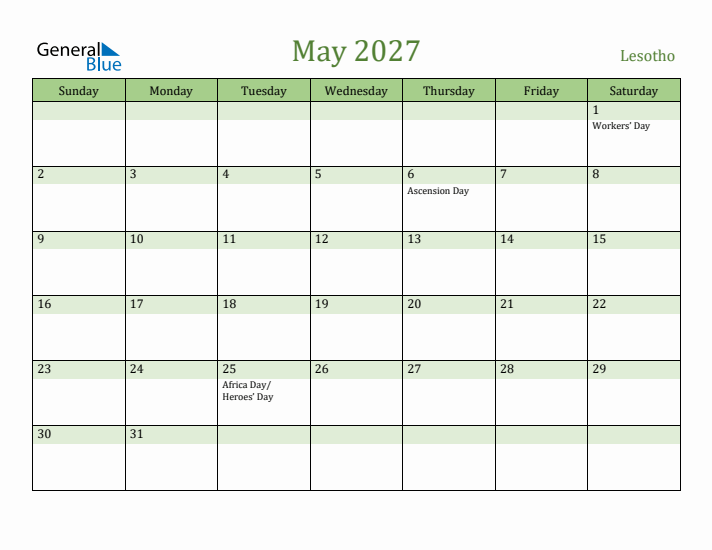 May 2027 Calendar with Lesotho Holidays