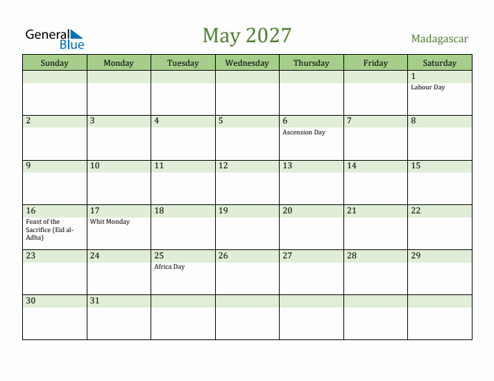 May 2027 Calendar with Madagascar Holidays