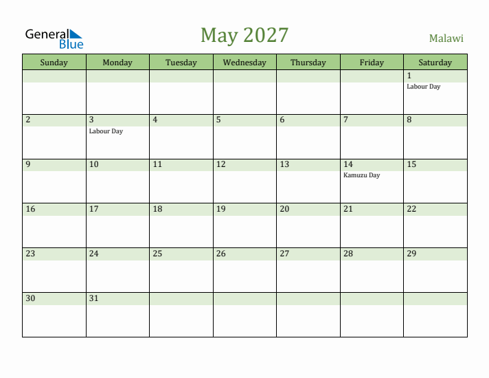 May 2027 Calendar with Malawi Holidays