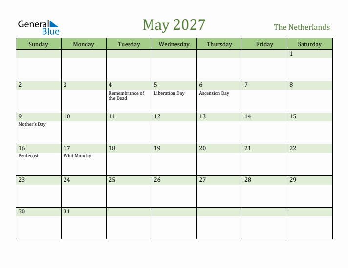 May 2027 Calendar with The Netherlands Holidays