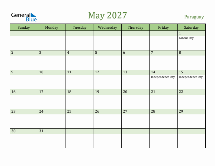 May 2027 Calendar with Paraguay Holidays