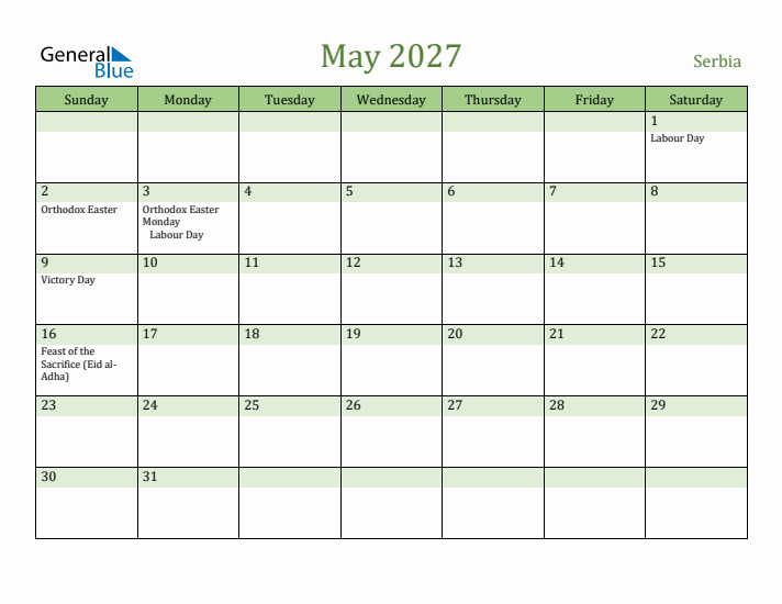 May 2027 Calendar with Serbia Holidays