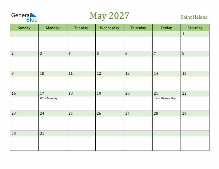 May 2027 Calendar with Saint Helena Holidays