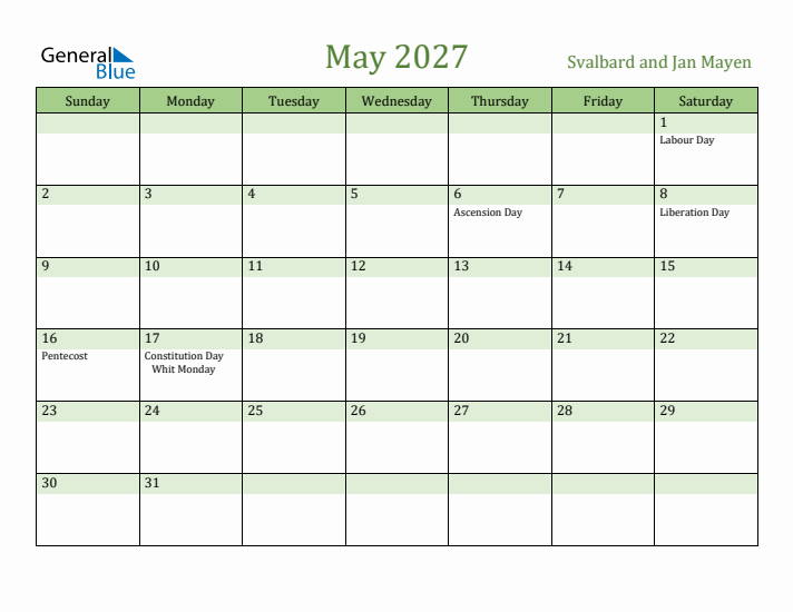 May 2027 Calendar with Svalbard and Jan Mayen Holidays