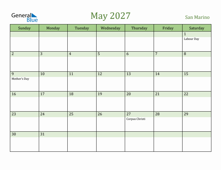 May 2027 Calendar with San Marino Holidays