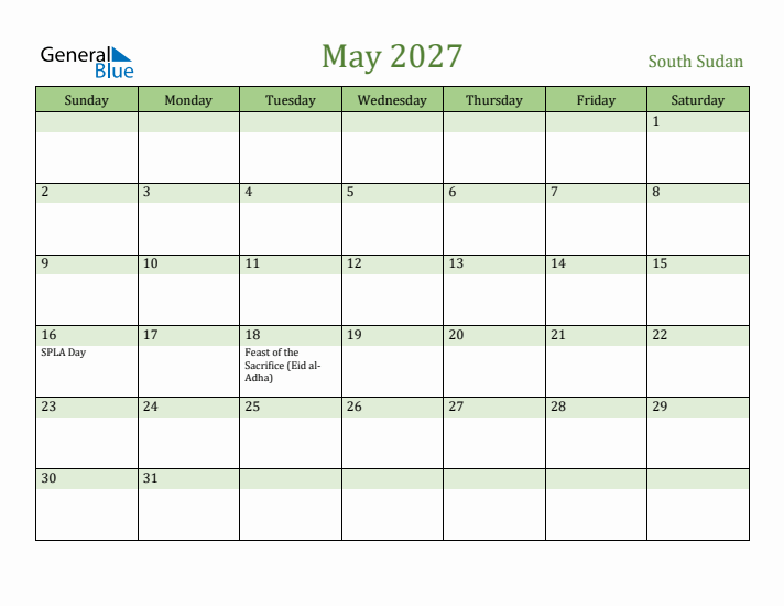 May 2027 Calendar with South Sudan Holidays