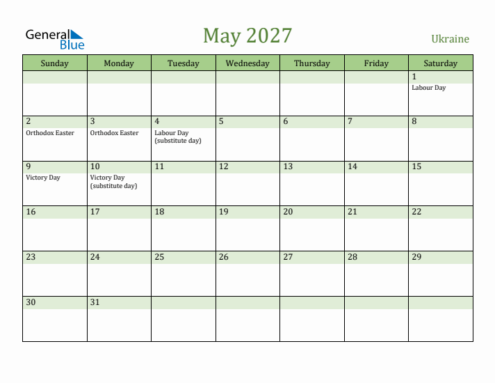 May 2027 Calendar with Ukraine Holidays