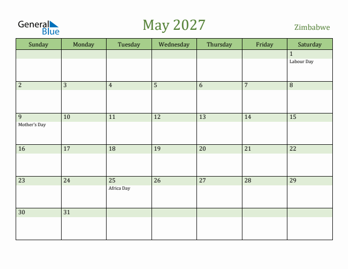 May 2027 Calendar with Zimbabwe Holidays