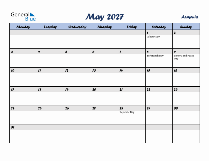 May 2027 Calendar with Holidays in Armenia