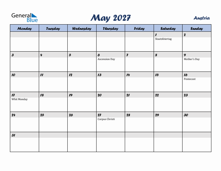 May 2027 Calendar with Holidays in Austria