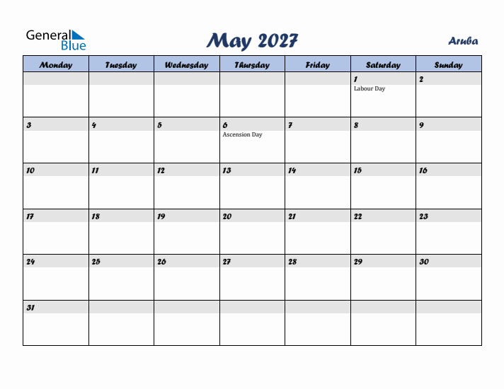 May 2027 Calendar with Holidays in Aruba