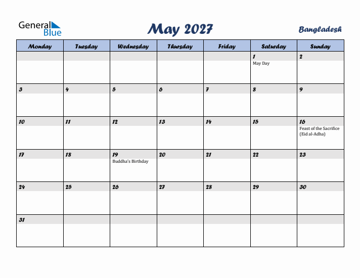 May 2027 Calendar with Holidays in Bangladesh