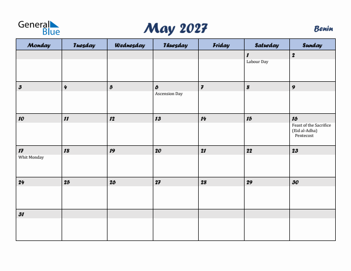 May 2027 Calendar with Holidays in Benin