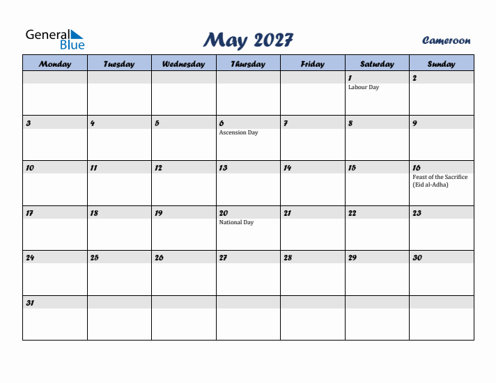 May 2027 Calendar with Holidays in Cameroon