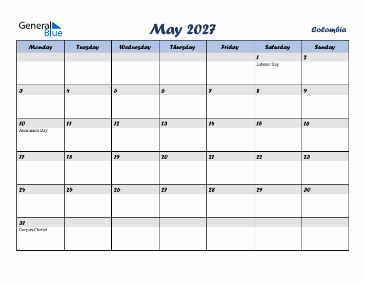 May 2027 Calendar with Holidays in Colombia