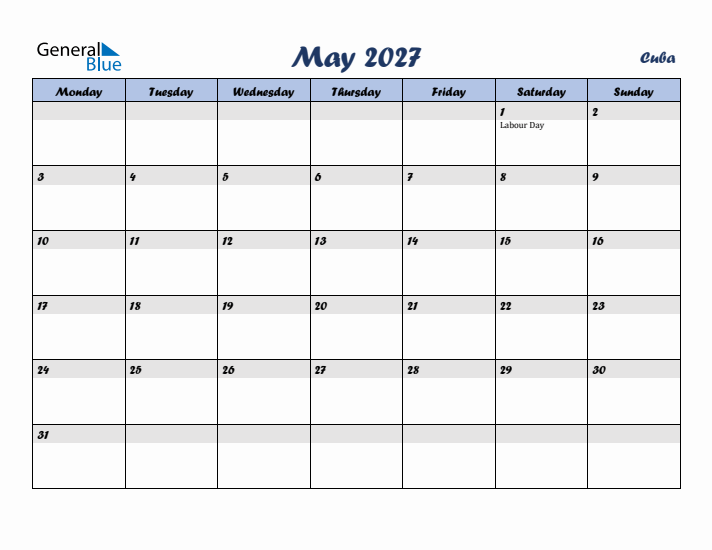 May 2027 Calendar with Holidays in Cuba