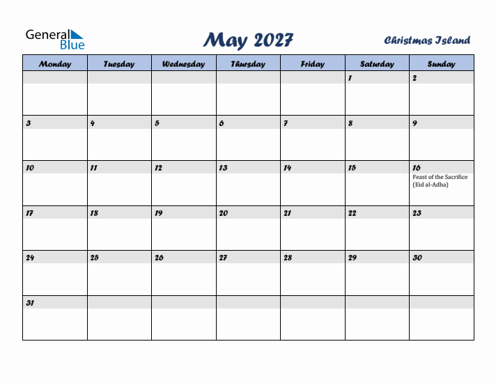 May 2027 Calendar with Holidays in Christmas Island