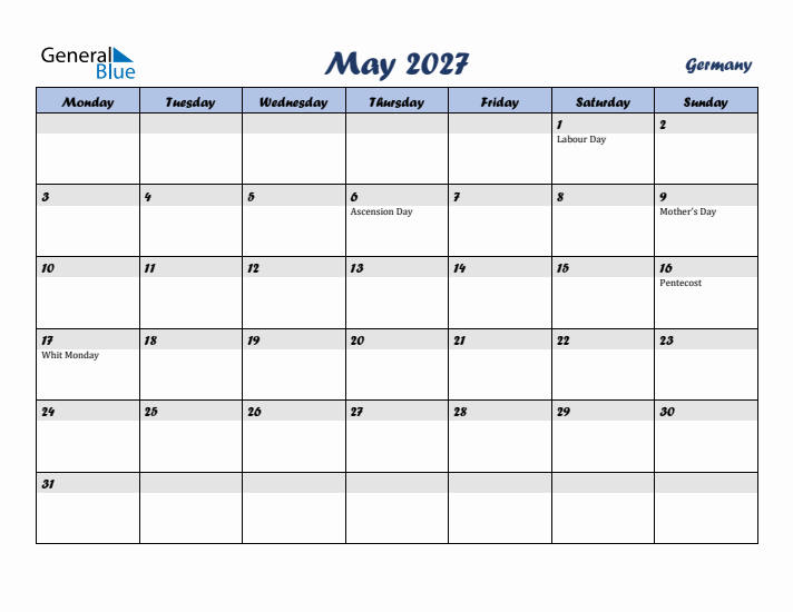 May 2027 Calendar with Holidays in Germany