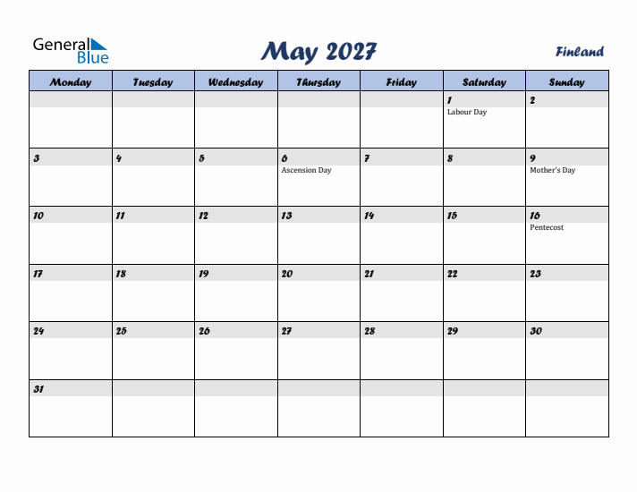 May 2027 Calendar with Holidays in Finland