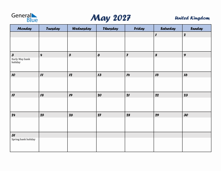 May 2027 Calendar with Holidays in United Kingdom