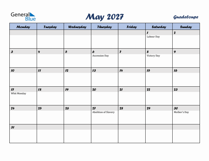 May 2027 Calendar with Holidays in Guadeloupe