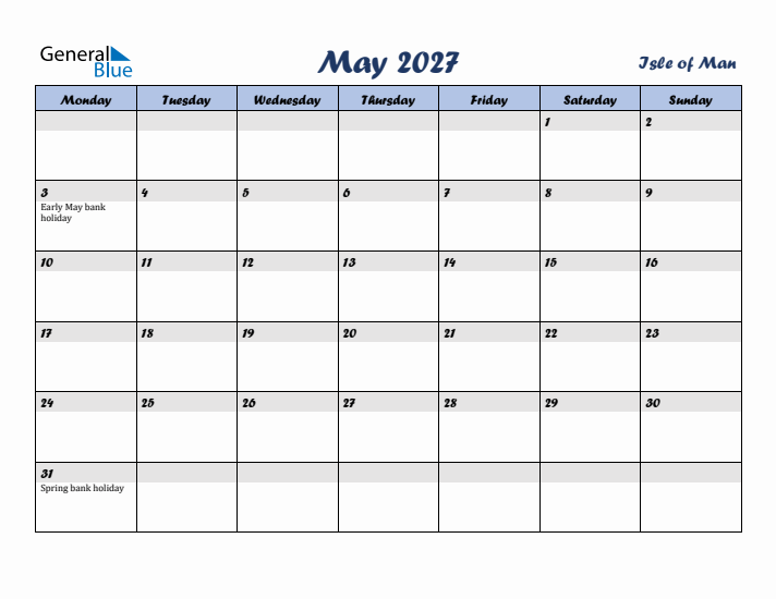 May 2027 Calendar with Holidays in Isle of Man