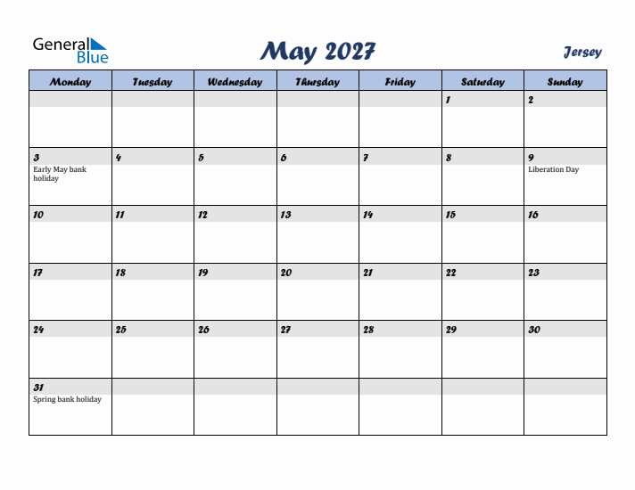 May 2027 Calendar with Holidays in Jersey