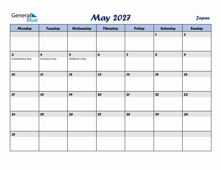 May 2027 Calendar with Holidays in Japan