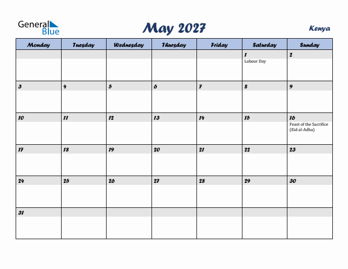 May 2027 Calendar with Holidays in Kenya