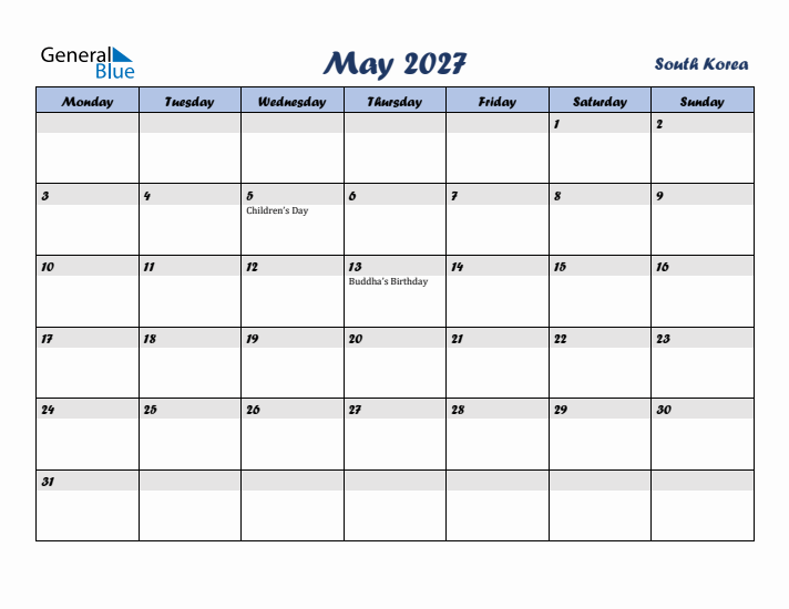 May 2027 Calendar with Holidays in South Korea