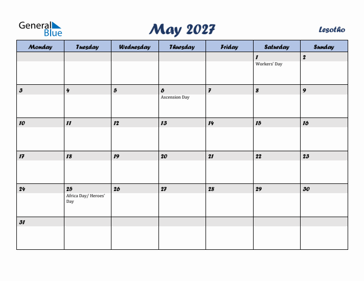 May 2027 Calendar with Holidays in Lesotho