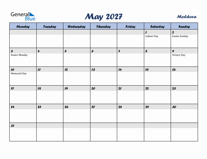 May 2027 Calendar with Holidays in Moldova