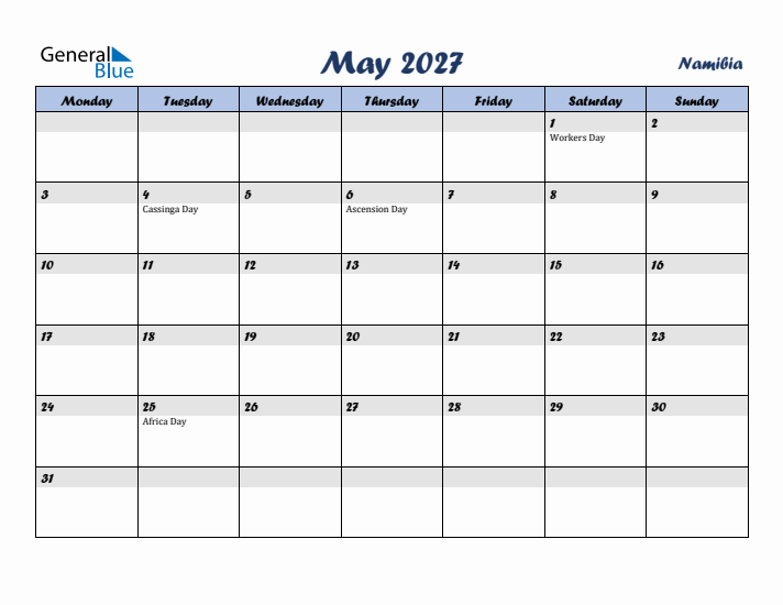 May 2027 Calendar with Holidays in Namibia