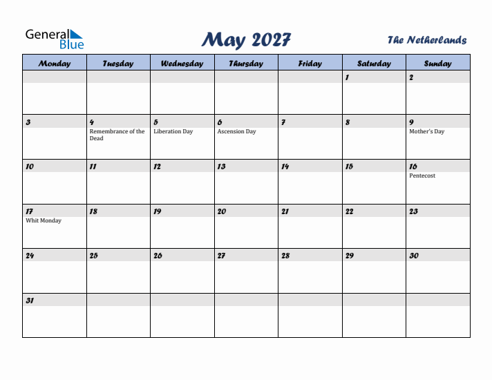 May 2027 Calendar with Holidays in The Netherlands