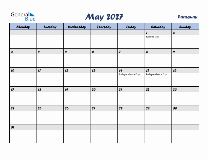 May 2027 Calendar with Holidays in Paraguay