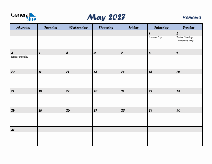 May 2027 Calendar with Holidays in Romania