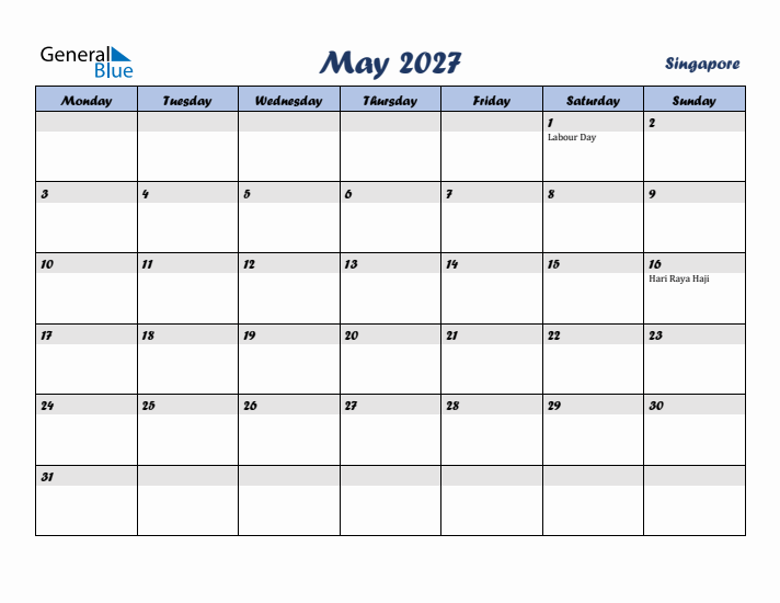 May 2027 Calendar with Holidays in Singapore