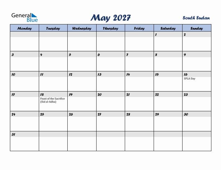 May 2027 Calendar with Holidays in South Sudan