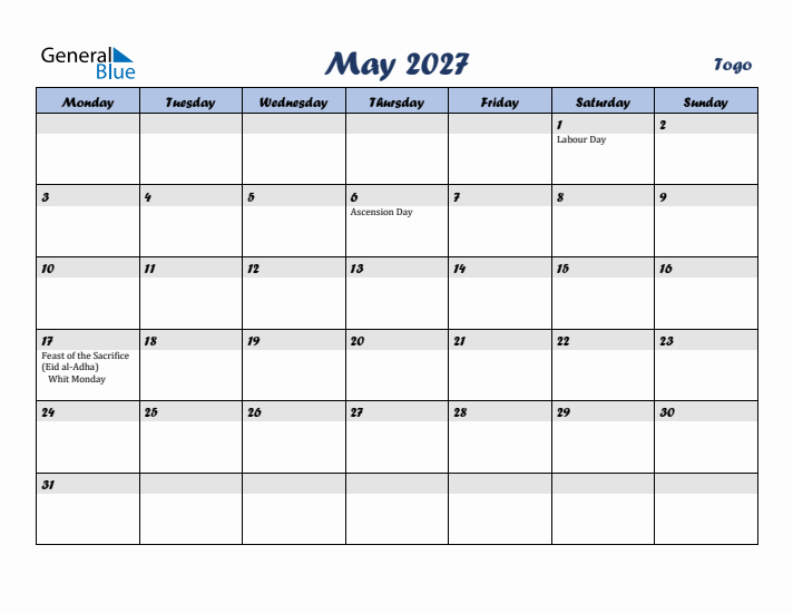 May 2027 Calendar with Holidays in Togo