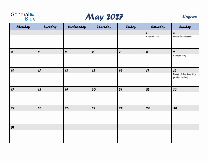 May 2027 Calendar with Holidays in Kosovo