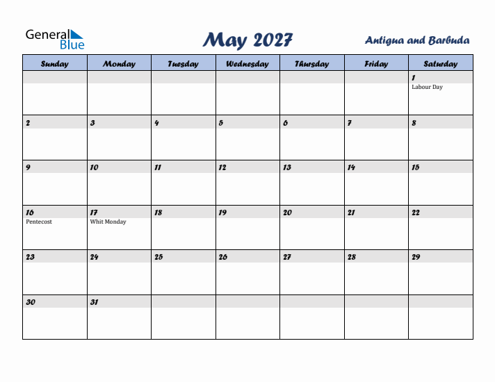 May 2027 Calendar with Holidays in Antigua and Barbuda