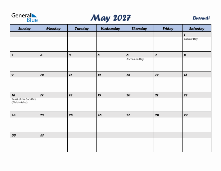 May 2027 Calendar with Holidays in Burundi