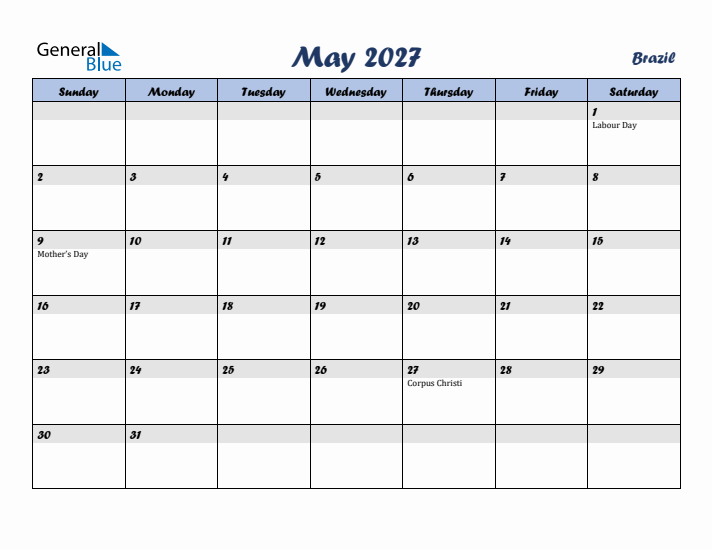 May 2027 Calendar with Holidays in Brazil