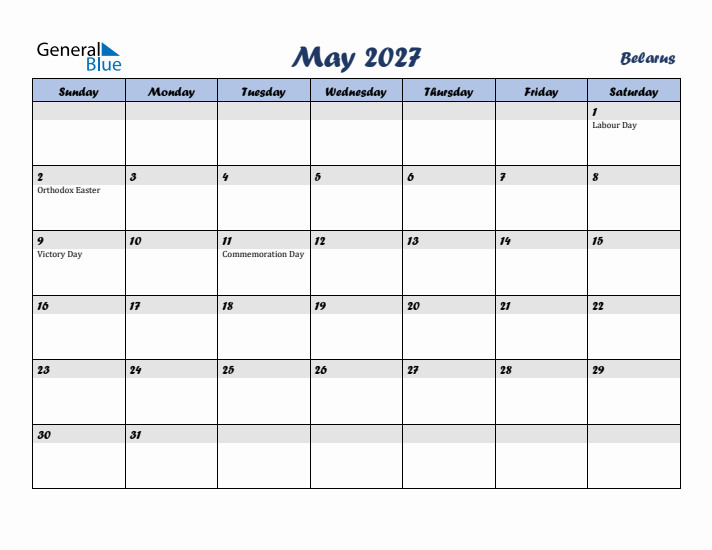 May 2027 Calendar with Holidays in Belarus